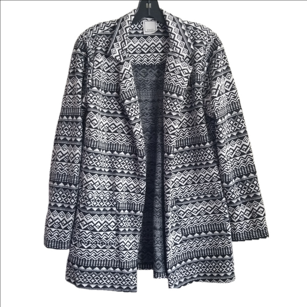 Meraki Woven Textured Open Front Blazer Art Deco Abstract Black White Size Med